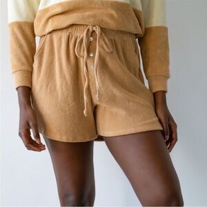 DONNI. Terry Henley Boxer Drawstring “Latte” Tan Brown Shorts Size Small